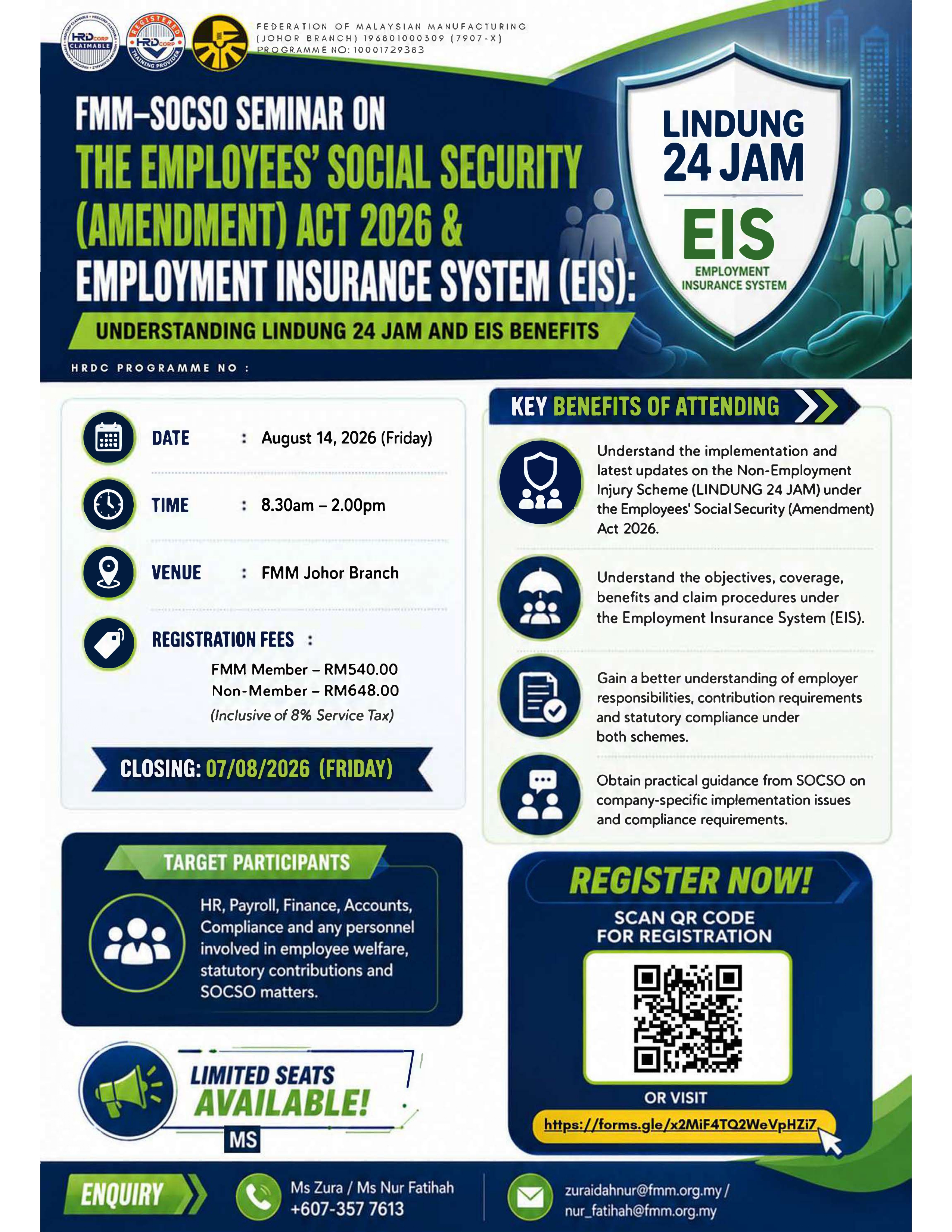 FMM–SOCSO Seminar on the Employees' Social Security (Amendment) Act 2026 & Employment Insurance System (EIS): Understanding LINDUNG 24 JAM and EIS Benefits